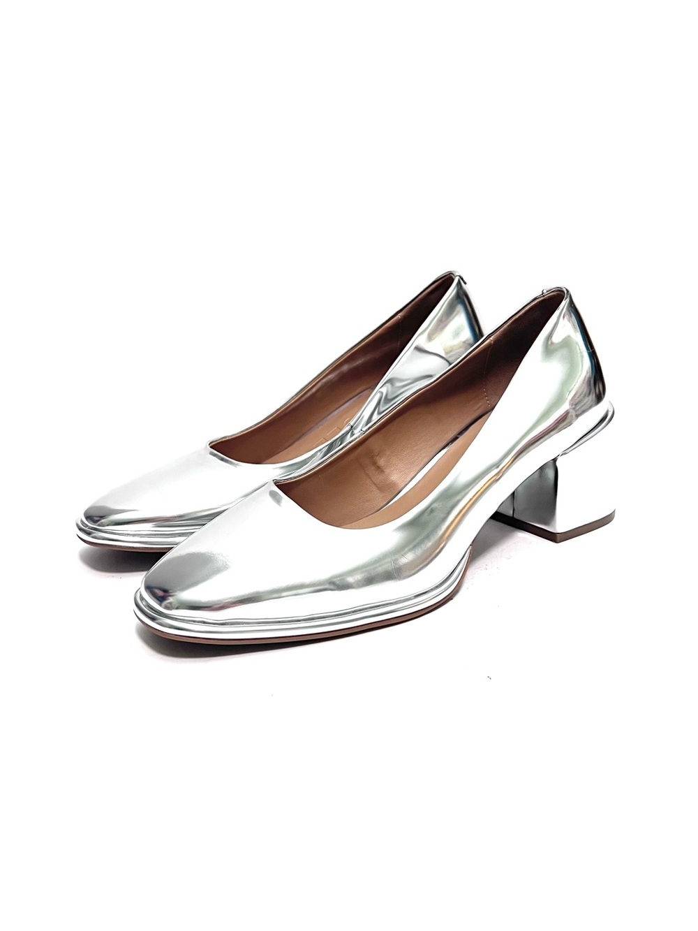 Vintage Y2K high mirror metallic silver leather slip on chunky heels